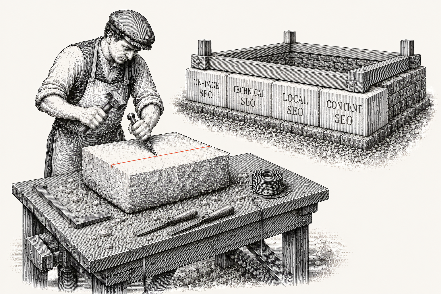 Pen-and-ink illustration of a stonemason chiseling a stone at his workbench, with four finished foundation stones behind him inscribed on-page SEO, technical SEO, local SEO, and content SEO.