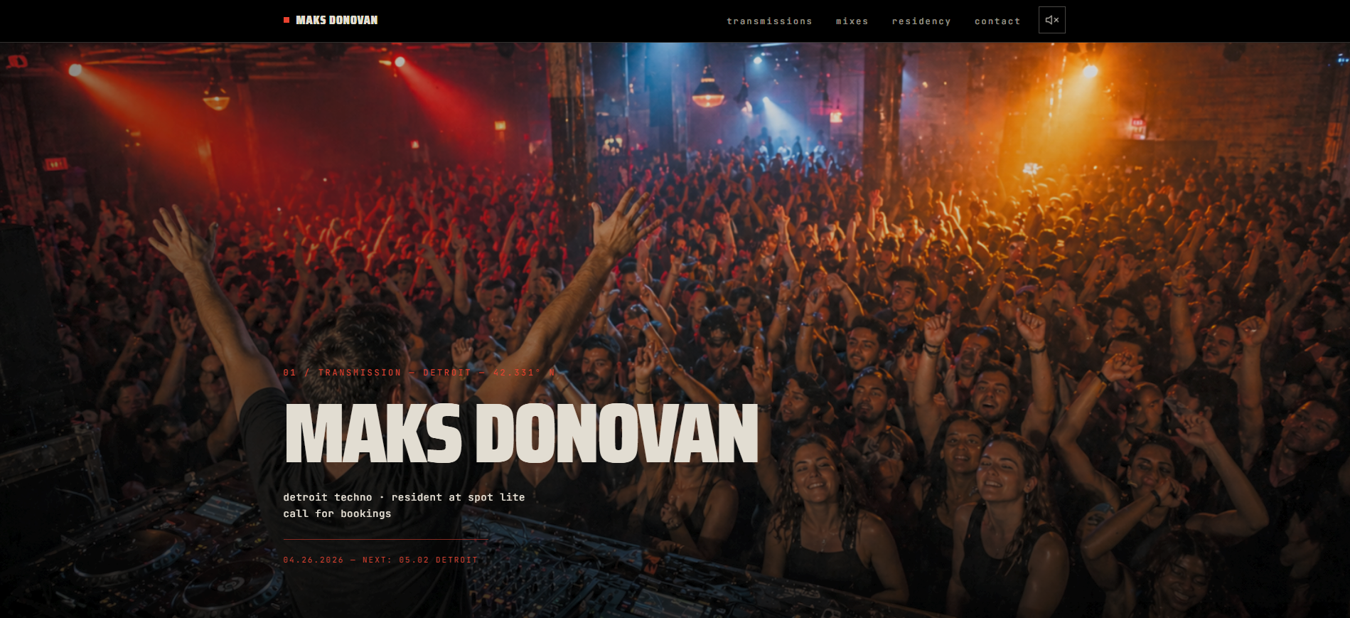 Maks Donovan concept site hero — a Detroit techno DJ photographed from behind facing a packed crowd in red and orange stage light, name set in heavy condensed type.