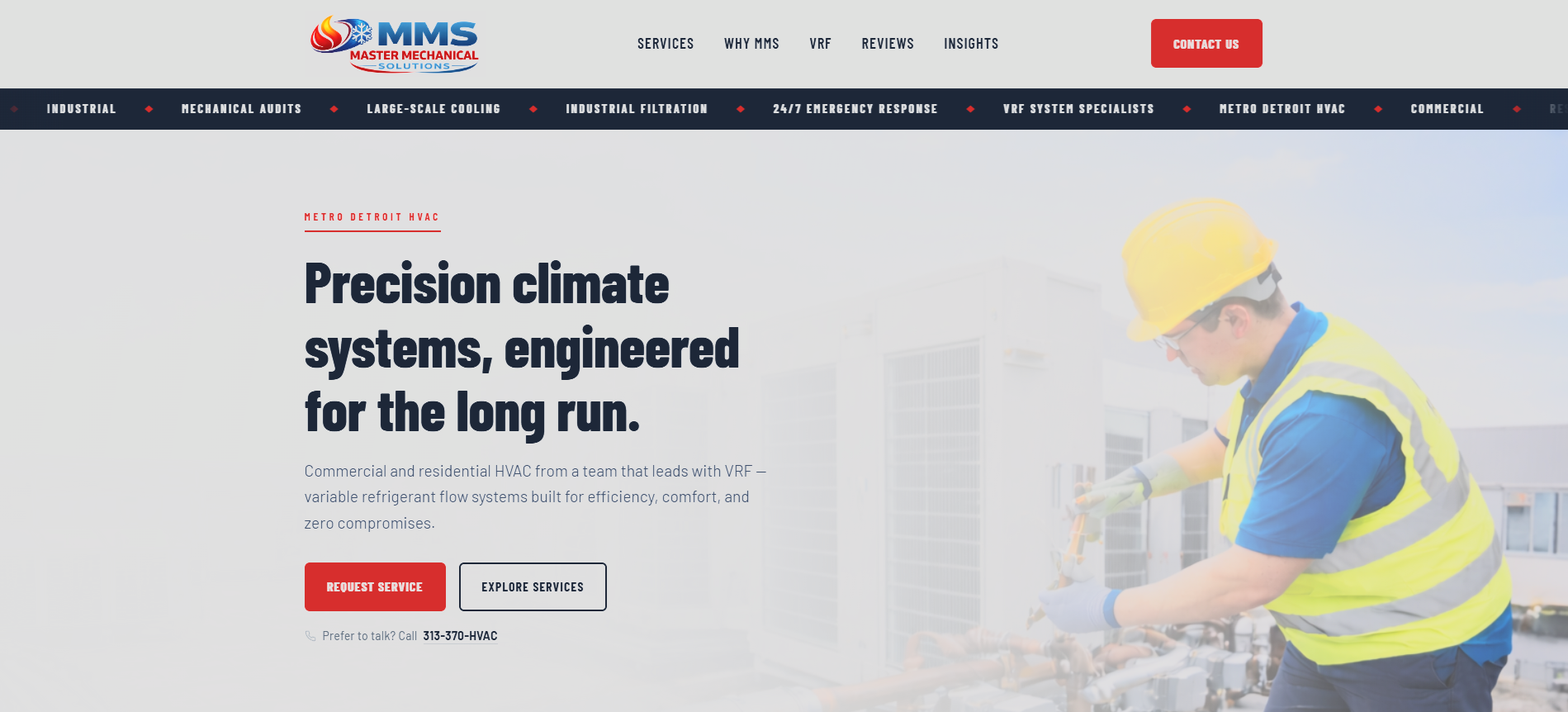 Master Mechanical Solutions homepage hero — a yellow-vested HVAC technician working on rooftop equipment alongside the headline 'Precision climate systems, engineered for the long run.'
