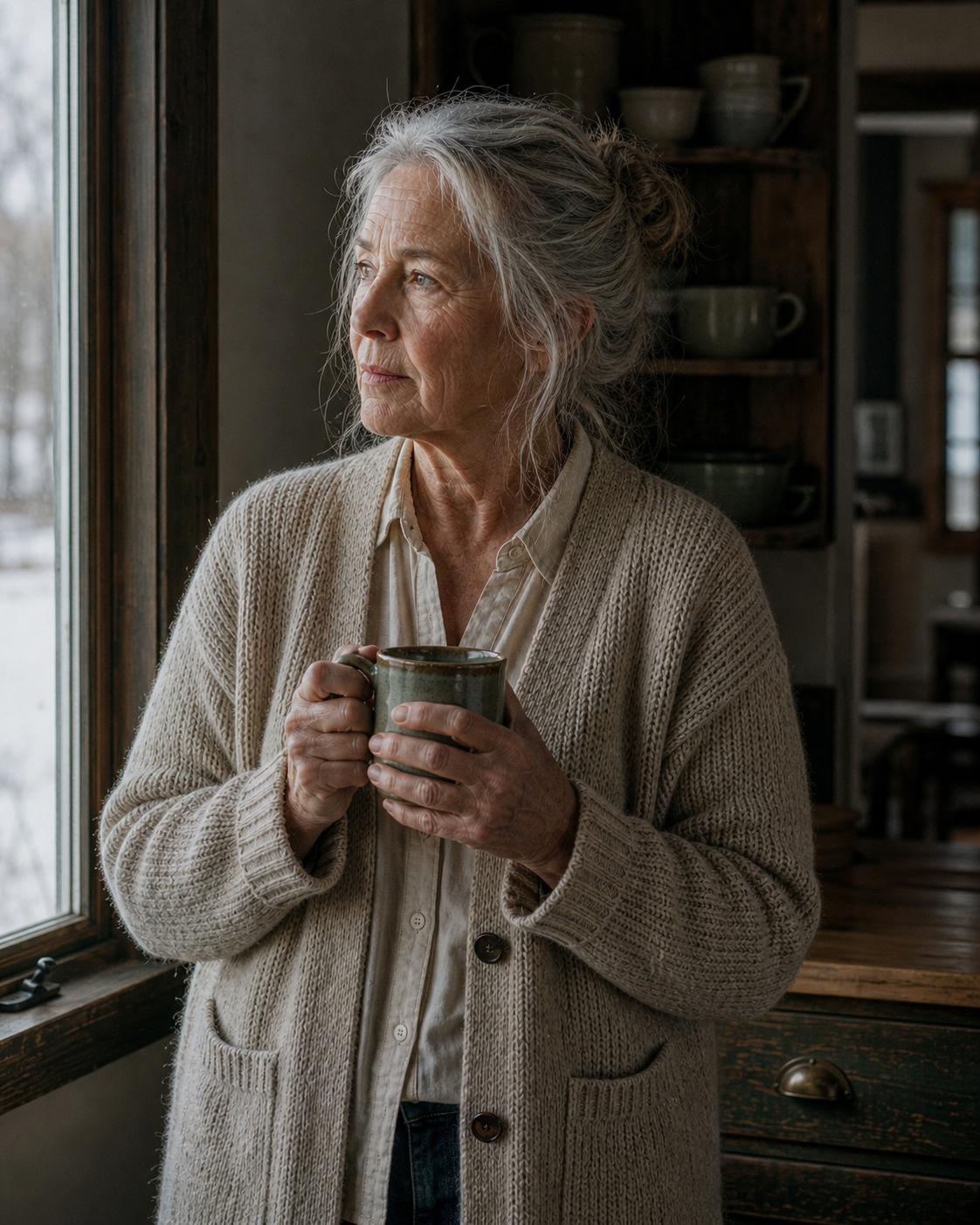 Portrait of Delphine Gray at her kitchen window, holding a ceramic mug.