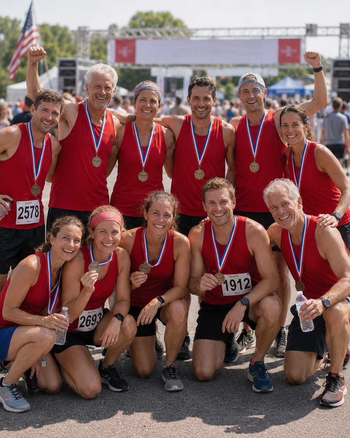 A group of about a dozen Striders members in red singlets at the finish area of the Bayshore Half marathon.