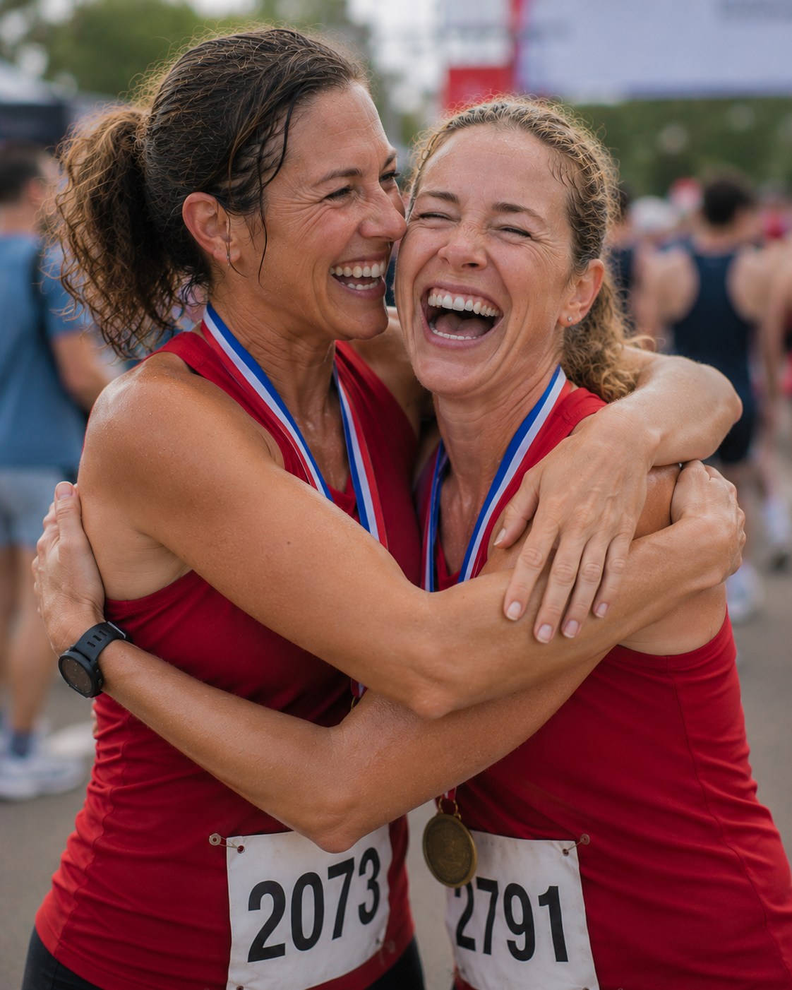 Two Striders members in red singlets hugging at a finish line, race medals around their necks, both laughing with broad smiles.