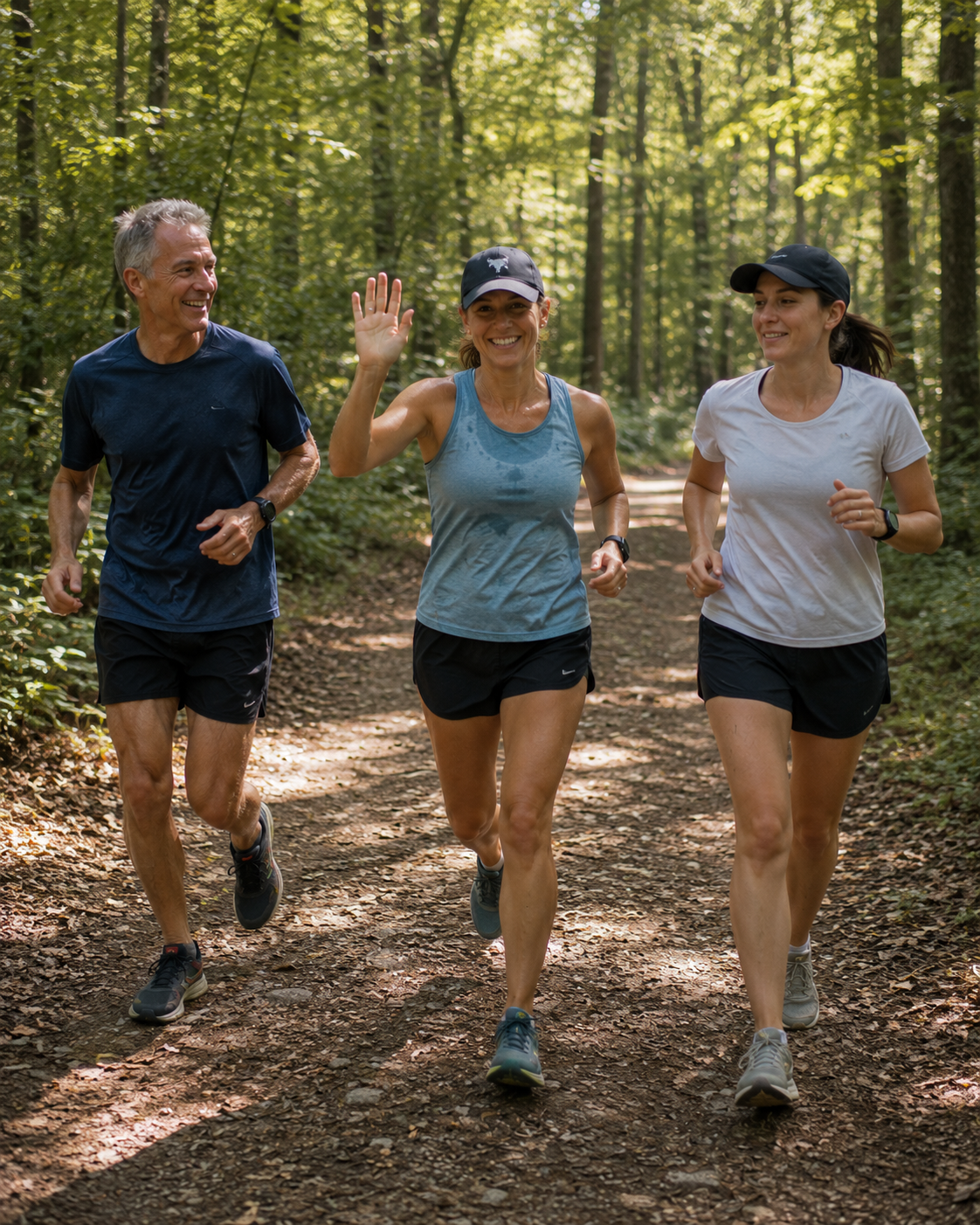 Three runners on a wooded trail in casual training clothes. One is waving at the camera.